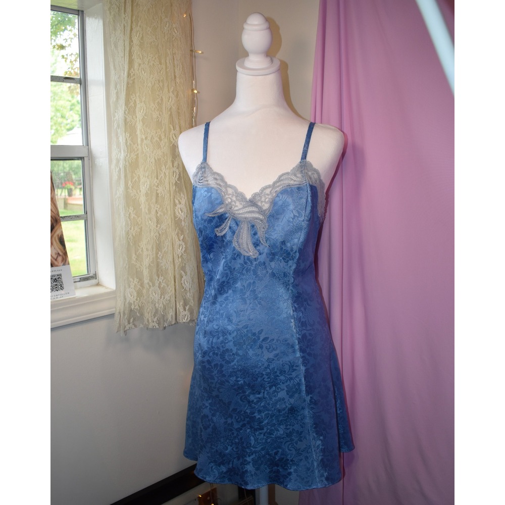 Adonna Periwinkle Blue Satin Floral Jacquard Lace Trim Slip Dress Nightgown L